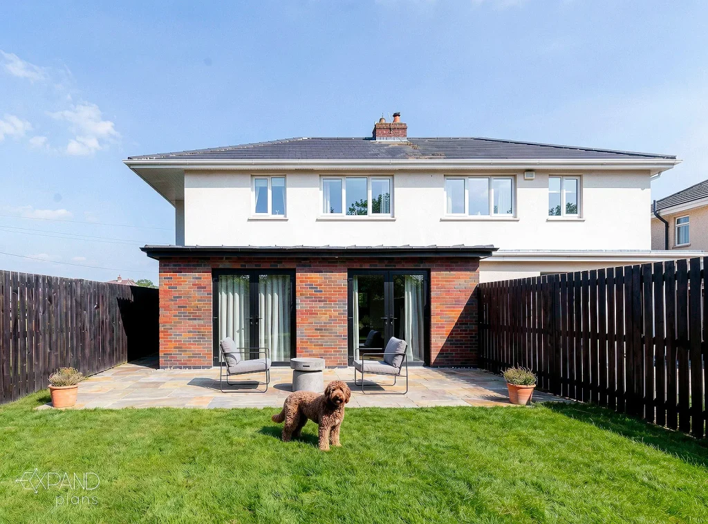 3D render of a brick rear extension and garden