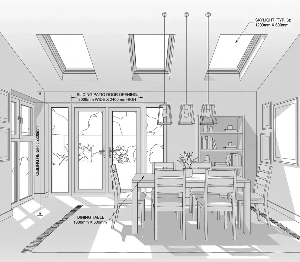 Line drawing of a dining room extension