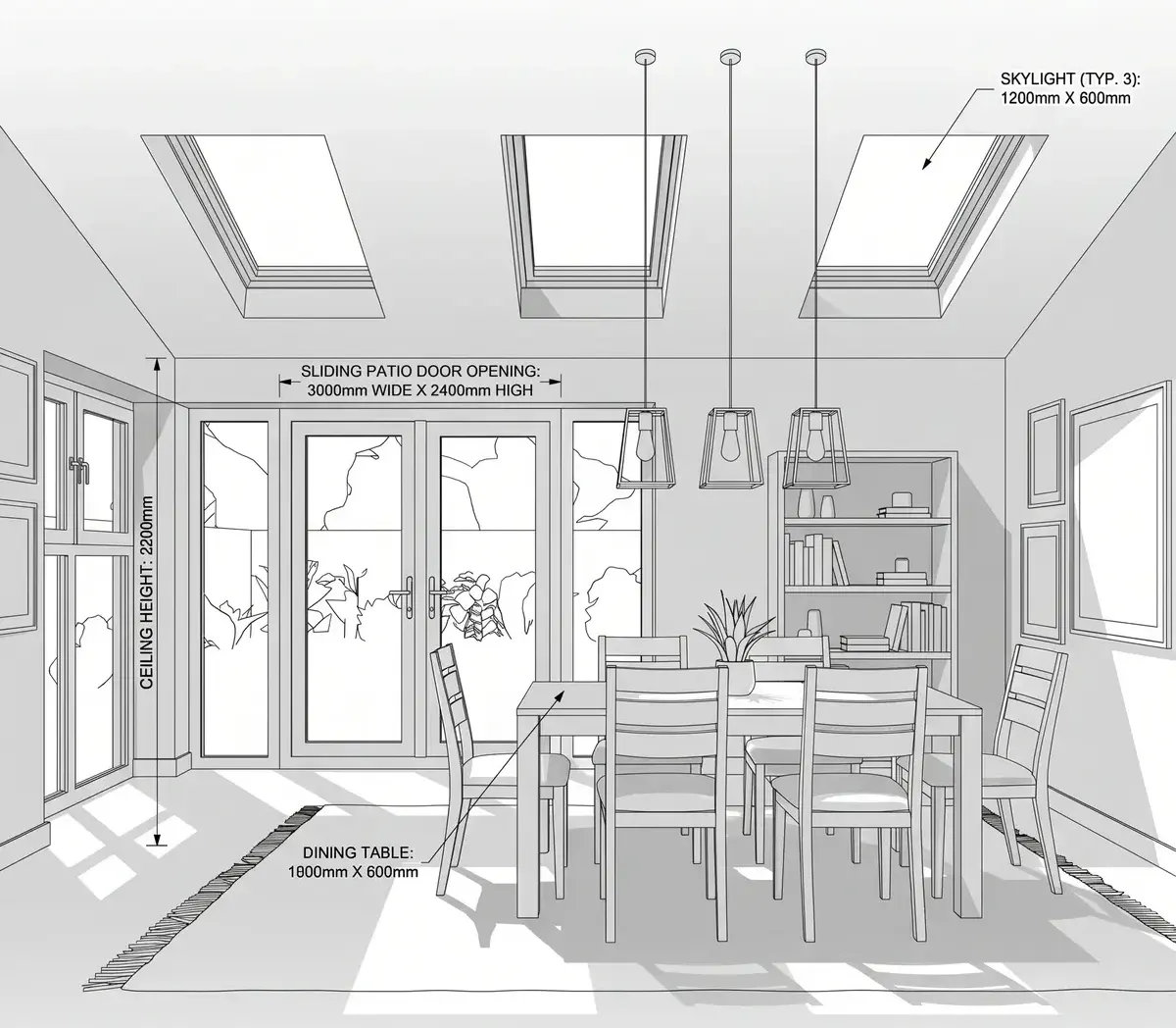 Line drawing of a dining room extension