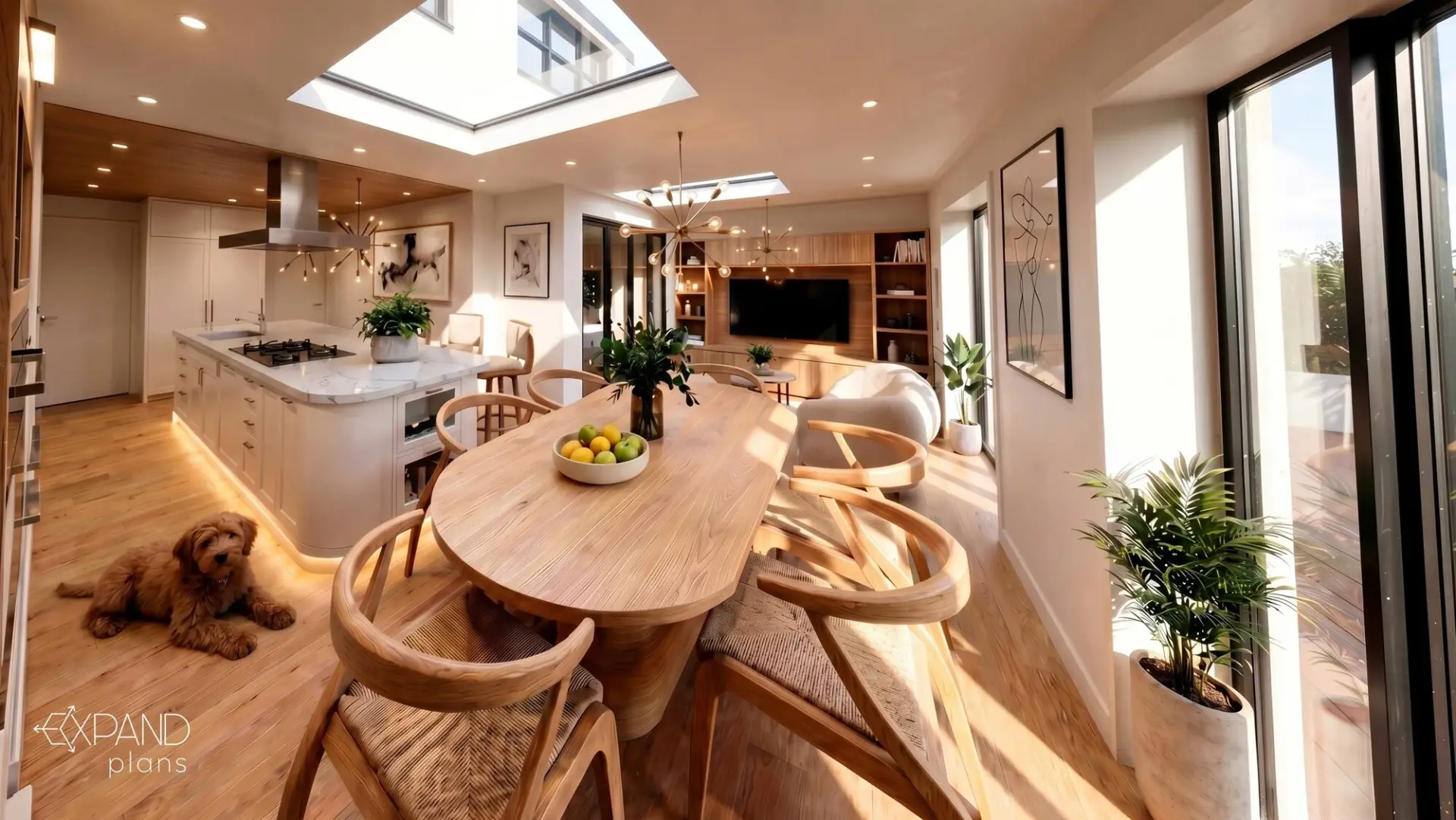 Bright open-plan kitchen extension with rooflights and a dining table