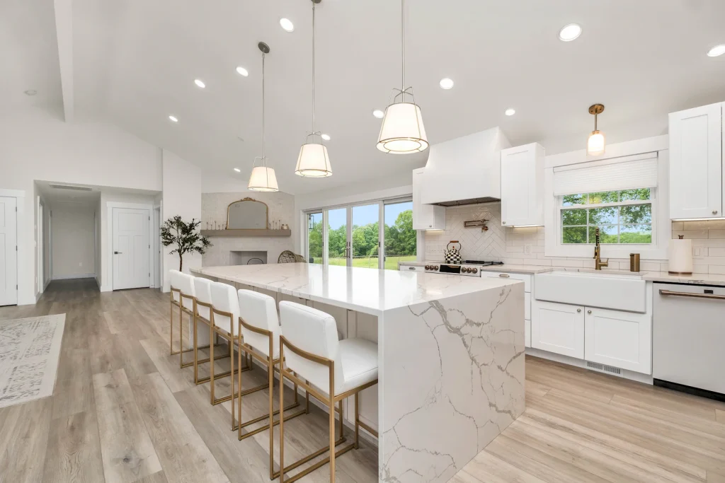 Large kitchen with a marble island