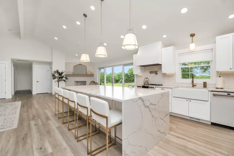 Large kitchen with a marble island